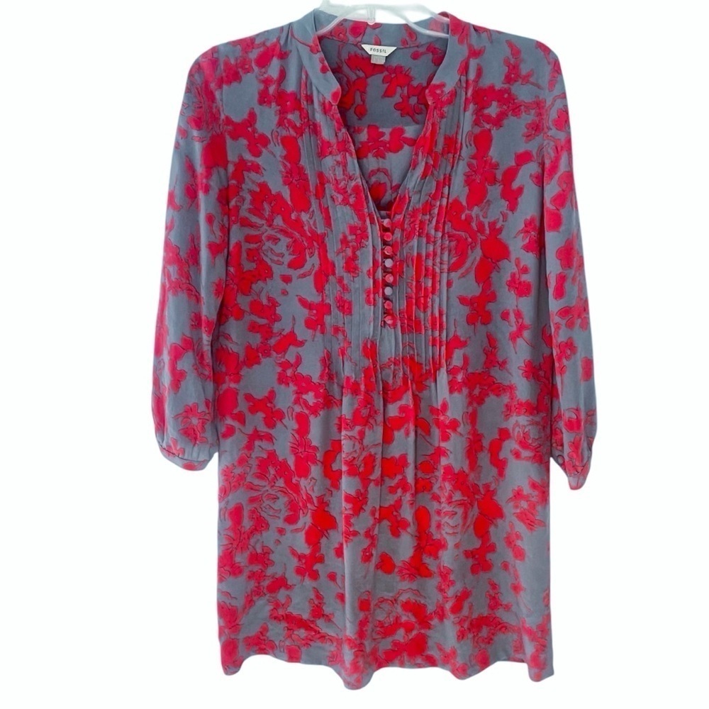 Fossil 100% Silk Dress Red Gray Size S